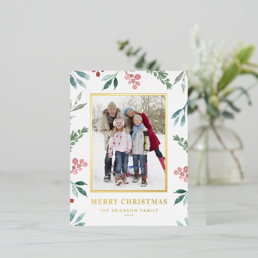 水彩冬の緑のフレームのクリスマスフォト 箔シーズンポストカード (立ち正面)
