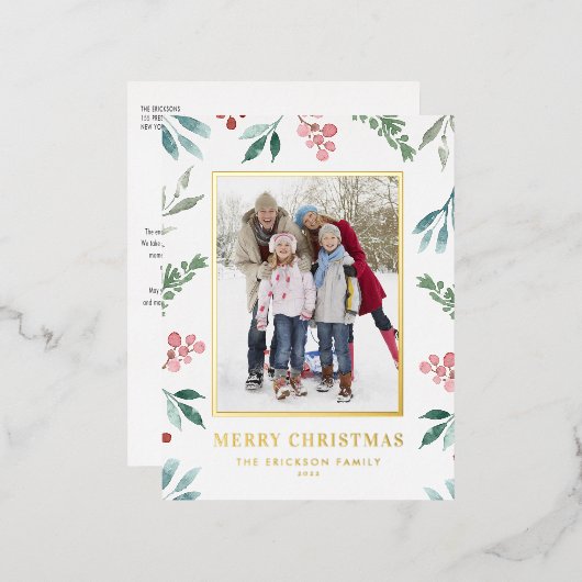水彩冬の緑のフレームのクリスマスフォト 箔シーズンポストカード (正面/裏面)