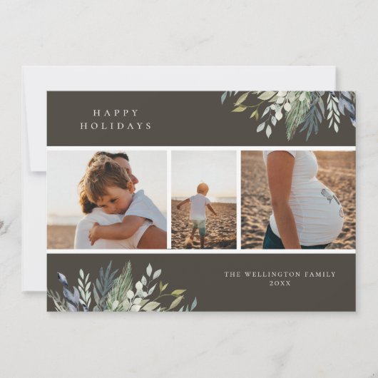 水彩冬の緑のホリデーフォトコラージュ シーズンカード (正面)