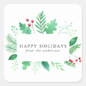 水彩冬の緑の休日 スクエアシール (正面)