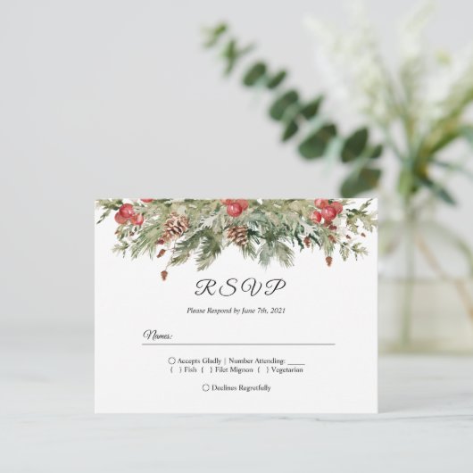 水彩冬の緑の松の木と松ぼっくり インビテーションポストカード (スタンド正面)