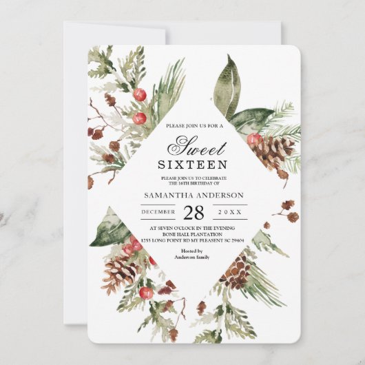 水彩冬の緑の松の木と松ぼっくり 招待状 (正面)