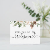 水彩冬の緑の松の木と白い花 インビテーションポストカード (スタンド正面)