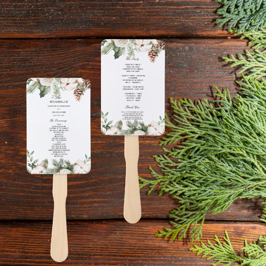 水彩冬の緑の松の木と白い花 ハンドファン