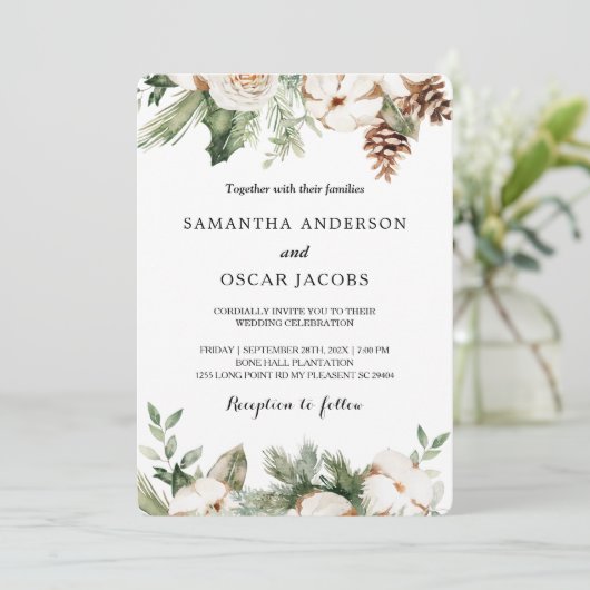 水彩冬の緑の松の木と白い花 招待状 (スタンド正面)