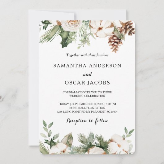 水彩冬の緑の松の木と白い花 招待状 (正面)