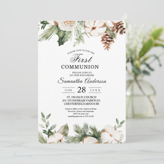 水彩冬の緑の松の木と白い花 招待状 (スタンド正面)