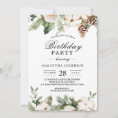 水彩冬の緑の松の木と白い花 招待状 (正面)