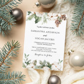 水彩冬の緑の松の木と白い花 招待状