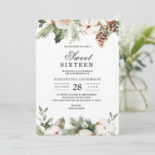 水彩冬の緑の松の木と白い花 招待状 (スタンド正面)