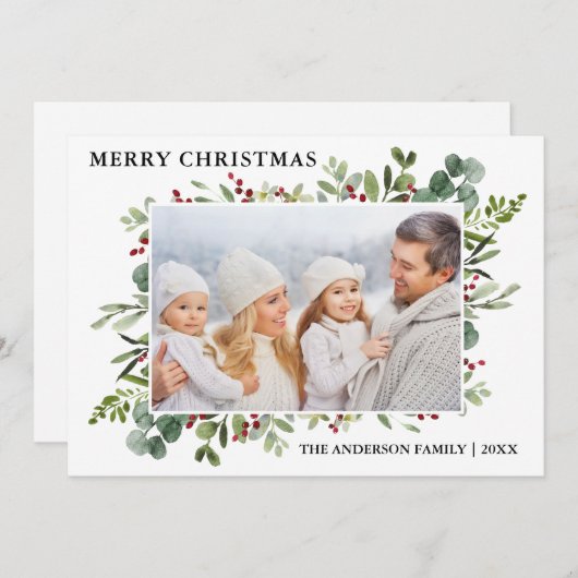 水彩冬の緑の果実クリスマスフォト シーズンカード (正面/裏面)