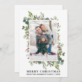 水彩冬の緑の果実フォトクリスマス シーズンカード (正面/裏面)