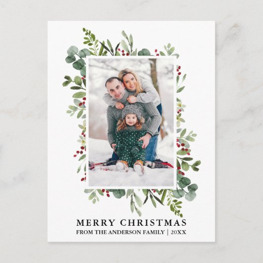 水彩冬の緑の果実フォトクリスマス ポストカード (正面)