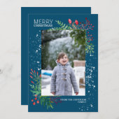 水彩冬の緑の青いクリスマスフォト シーズンカード (正面/裏面)