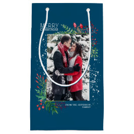 水彩冬の緑の青いクリスマスフォト スモールペーパーバッグ