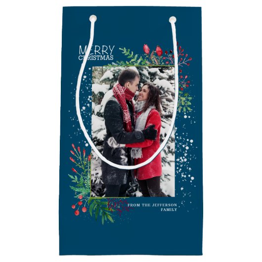 水彩冬の緑の青いクリスマスフォト スモールペーパーバッグ (正面)