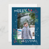 水彩冬の緑の青いクリスマスフォト ポストカード (正面/裏面)