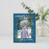 水彩冬の緑の青いクリスマスフォト ポストカード (スタンド正面)