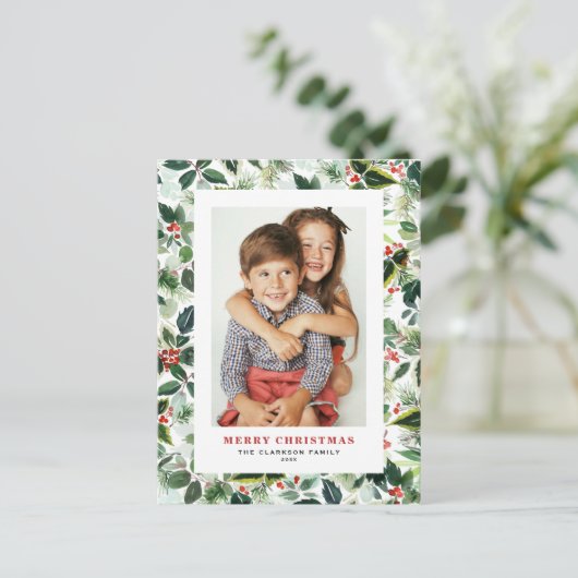 水彩冬の緑メリークリスマスフォト シーズンポストカード (スタンド正面)
