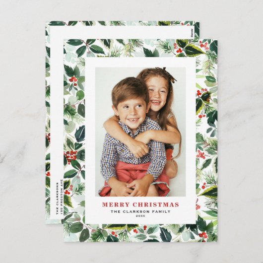 水彩冬の緑メリークリスマスフォト シーズンポストカード (正面/裏面)