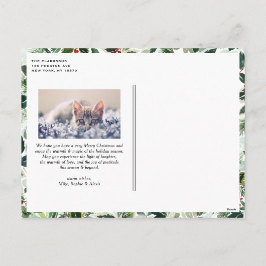 水彩冬の緑メリークリスマスフォト シーズンポストカード (裏面)