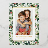 水彩冬の緑メリークリスマスフォト 箔シーズンカード (正面)