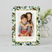 水彩冬の緑メリークリスマスフォト 箔シーズンカード (立ち正面)