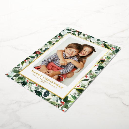 水彩冬の緑メリークリスマスフォト 箔シーズンカード (回転した状態)
