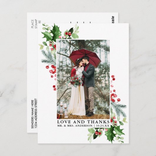 水彩冬の緑豊かな愛と感謝のウェディング ポストカード (正面/裏面)