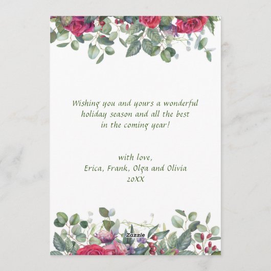 水彩冬の花の葉クリスマスフォト シーズンカード (裏面)