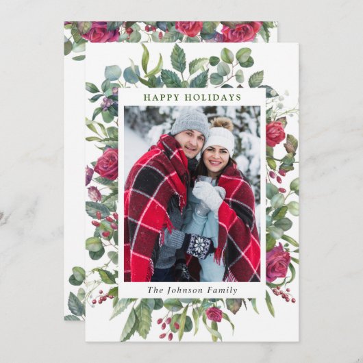 水彩冬の花の葉クリスマスフォト シーズンカード (正面/裏面)