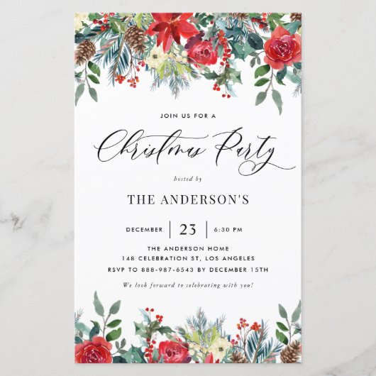 水彩冬の花クリスマスパーティー招待状 (正面)