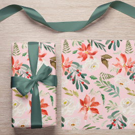 水彩冬の花ホリーベリーパターン（の模様が）ある ラッピングペーパー