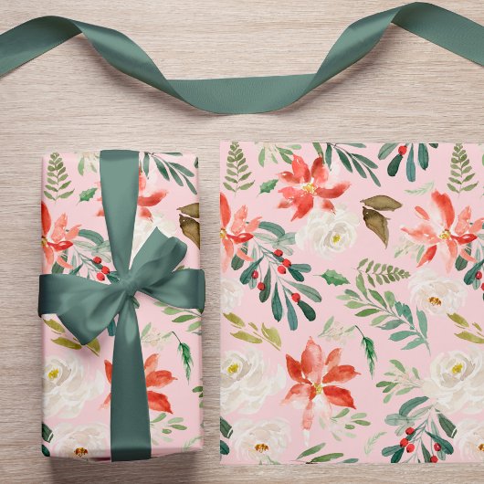 水彩冬の花ホリーベリーパターン(の模様が)ある ラッピングペーパー