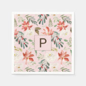 水彩冬の花ホリーベリーモノグラムの スタンダードカクテルナプキン (正面)