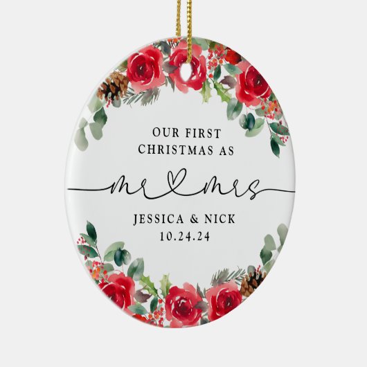 水彩冬の花模様新着初めてのクリスマス セラミックオーナメント (右)