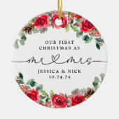 水彩冬の花模様新着初めてのクリスマス セラミックオーナメント (正面)
