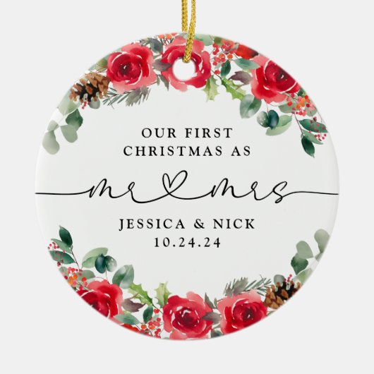 水彩冬の花模様新着初めてのクリスマス セラミックオーナメント (正面)