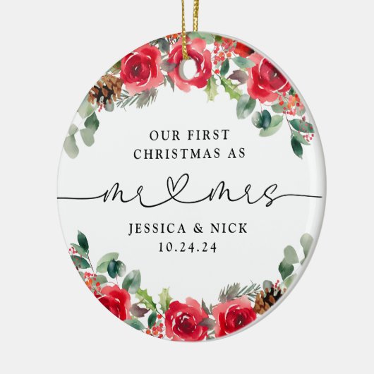 水彩冬の花模様新着初めてのクリスマス セラミックオーナメント (左)
