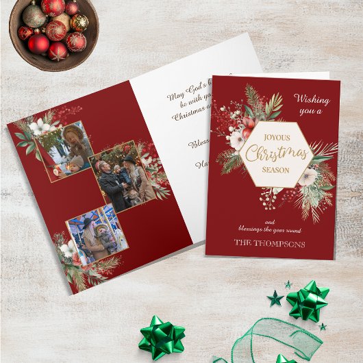 水彩冬の花赤3枚の写真クリスマス カード