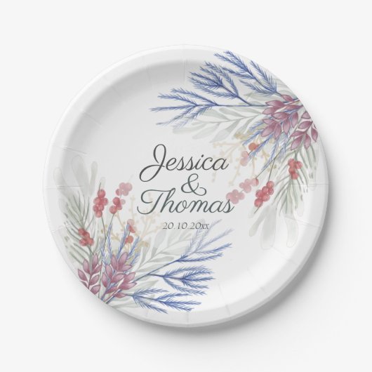 水彩冬の葉結婚の色 ペーパープレート (正面)