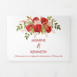 水彩冬の赤いバラと緑結婚の | 三つ折り招待状