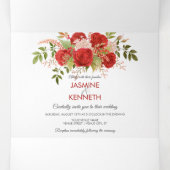 水彩冬の赤いバラと緑結婚の | 三つ折り招待状 (内部中)