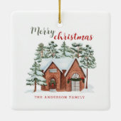 水彩冬の赤い緑の北欧パインズクリスマス セラミックオーナメント (裏面)