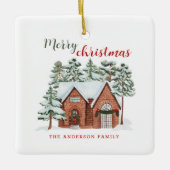 水彩冬の赤い緑の北欧パインズクリスマス セラミックオーナメント (正面)