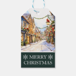 水彩冬の通りシーンクリスマス ギフトタグ