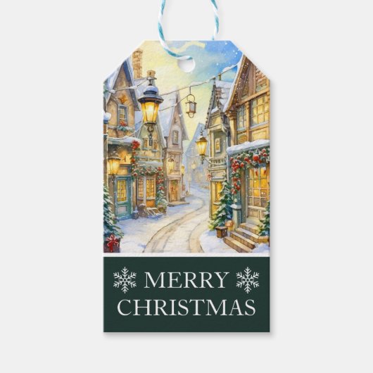 水彩冬の通りシーンクリスマス ギフトタグ (正面)