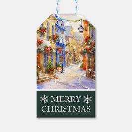 水彩冬の通りシーンクリスマス ギフトタグ