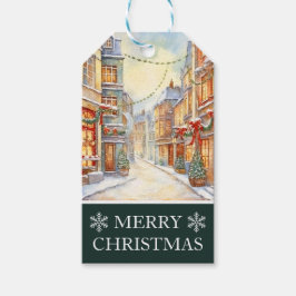 水彩冬の通りシーンクリスマス ギフトタグ