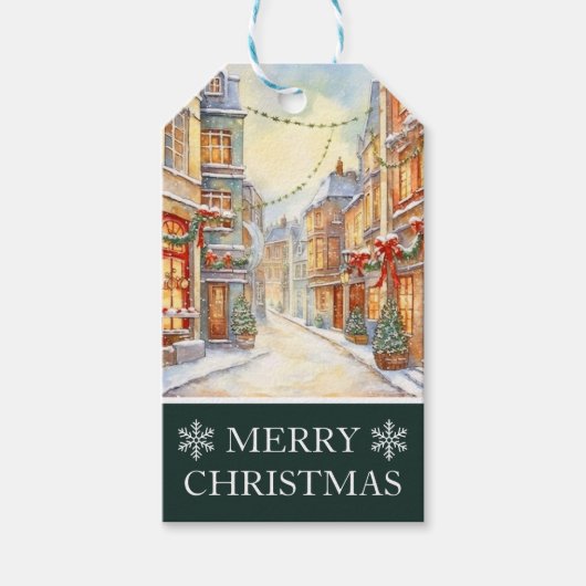 水彩冬の通りシーンクリスマス ギフトタグ (正面)